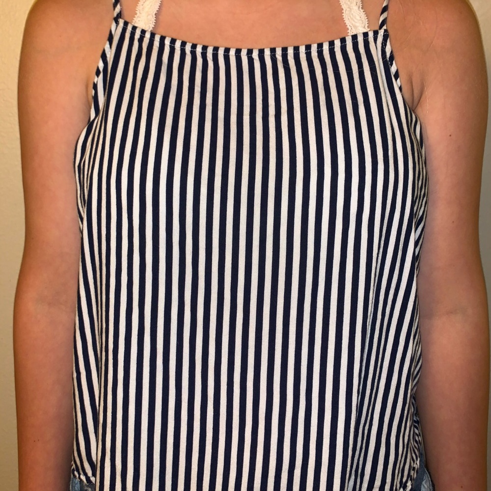 a white and blue striped shirt